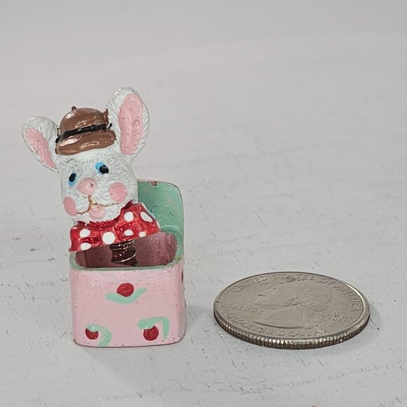 Miniature Bunny Rabbit Jack In The Box Dollhouse Figurine Pink Rose Hand Painted - Picture 2 of 7